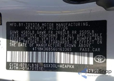 2006 Toyota Avalon Limited из США, поврежденный, VIN 4T1BK36B56U163365